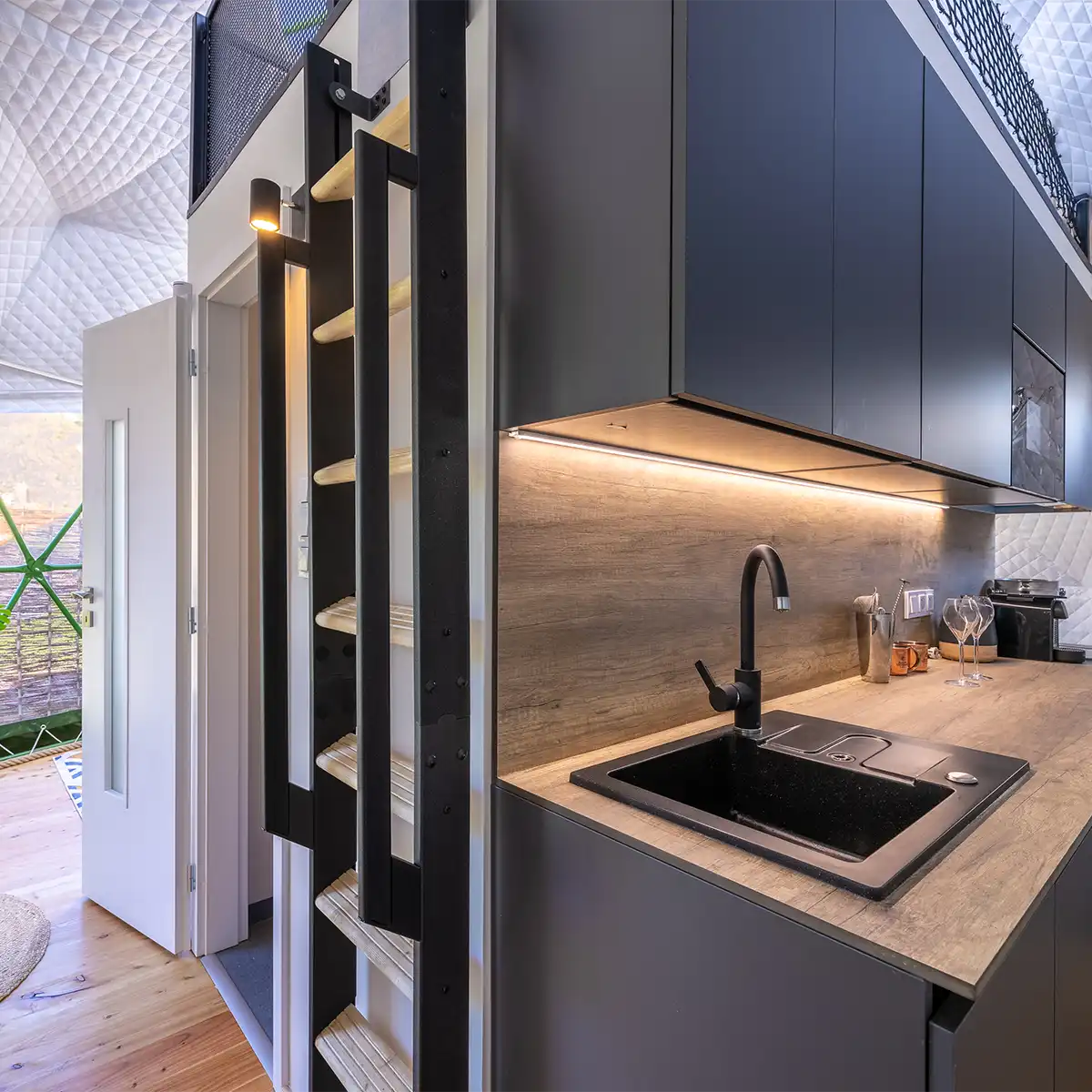 Inside the dome bathroom — walk-in shower, wood-clad wall, round mirror and vanity